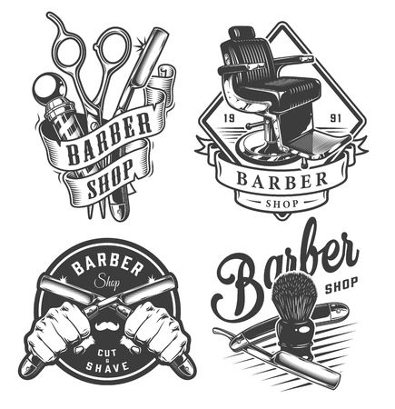Vintage monochrome barbershop emblems with barber pole scissors comfortable chair male hands holding razors shaving brush isolated vector illustrationのイラスト素材