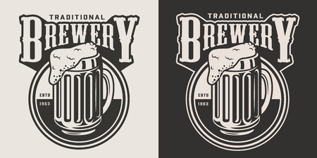 Monochrome brewery round emblem with mug of beer in vintage style isolated vector illustrationのイラスト素材