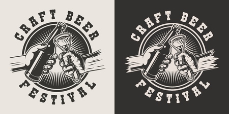 Vintage brewing monochrome badge with male hands clinking bottle and bottle opener isolated vector illustrationのイラスト素材