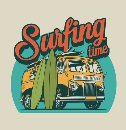 Vintage surfing time colorful concept with surf bus and surfboards isolated vector illustration