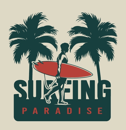 Vintage surfing paradise concept with palm trees and man holding surfboard isolated vector illustrationのイラスト素材