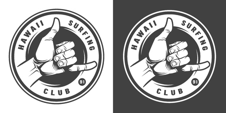 Vintage surfing monochrome round emblem with shaka hand sign isolated vector illustrationのイラスト素材