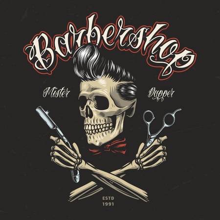 Vintage colorful barbershop logo with hipster skull crossed skeleton hands holding razor and scissors isolated vector illustrationのイラスト素材