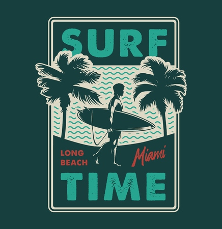 Vintage surfing time colorful print with surfer holding surfboard palm trees and sea waves isolated vector illustrationのイラスト素材