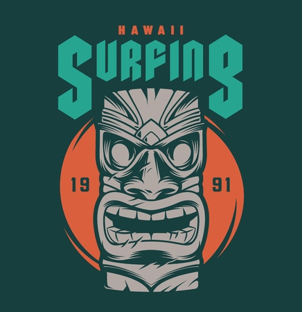 Vintage hawaii surfing print with tribal tiki mask on green background isolated vector illustrationのイラスト素材
