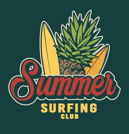 Vintage summer surfing colorful label with bananas and pineapple isolated vector illustrationのイラスト素材