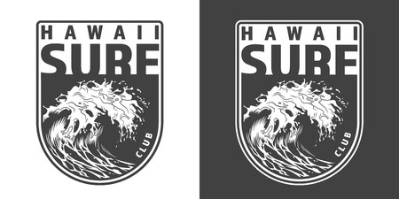 Vintage monochrome hawaii surfing badge with big sea wave isolated vector illustrationのイラスト素材