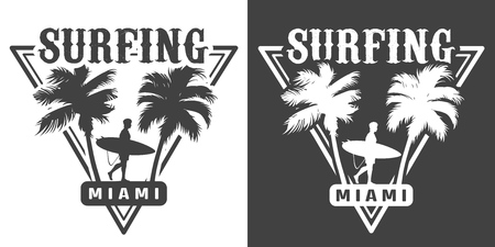 Monochrome surfing sport print with palms and surfer holding surfboard in vintage style isolated vector illustrationのイラスト素材