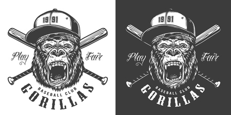 Baseball club mascot label with angry gorilla head in cap and crossed baseball bats in vintage monochrome style isolated vector illustrationのイラスト素材