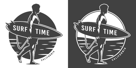 Vintage surf time monochrome emblem with surfer holding surfboard on sea landscape isolated vector illustrationのイラスト素材