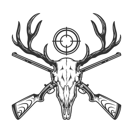 Vintage monochrome hunting template with deer skull crossed guns and rifle sight isolated vector illustrationのイラスト素材