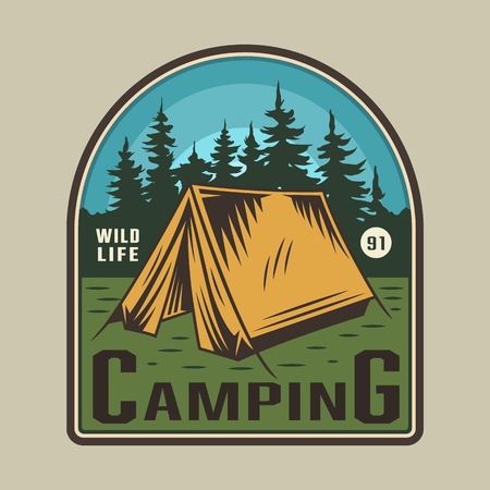 Vintage colorful camping time emblem with tent and forest silhouette isolated vector illustrationのイラスト素材