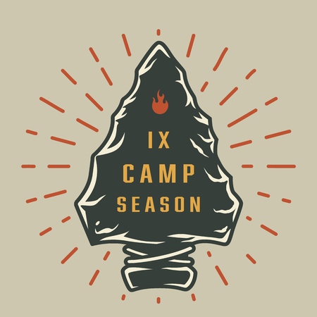 Vintage summer camp season colorful emblem with stone tool and sunbursts isolated vector illustrationのイラスト素材