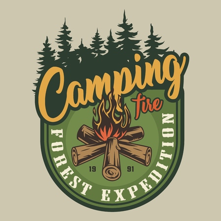 Vintage colorful summer expedition label with campfire and forest landscape isolated vector illustrationのイラスト素材