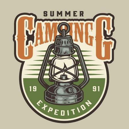 Vintage summer outdoor adventure colorful badge with gas lantern isolated vector illustrationのイラスト素材
