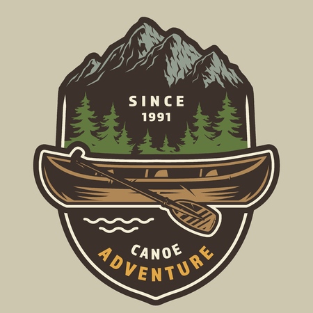 Vintage summer adventure colorful label with canoe and paddle on forest and mountains landscape isolated vector illustrationのイラスト素材