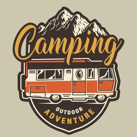 Vintage summer camping colorful badge with travel truck on mountains landscape isolated vector illustrationのイラスト素材