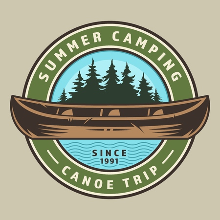 Vintage canoe trip round colorful logo with wooden boat and forest landscape isolated vector illustrationのイラスト素材