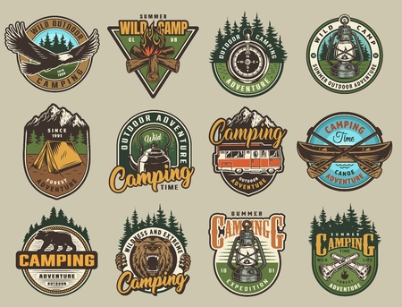 Colorful summer adventure labels set with eagle ferocious bear head bonfire compass lantern tent kettle canoe paddles flashlights in vintage style isolated vector illustration