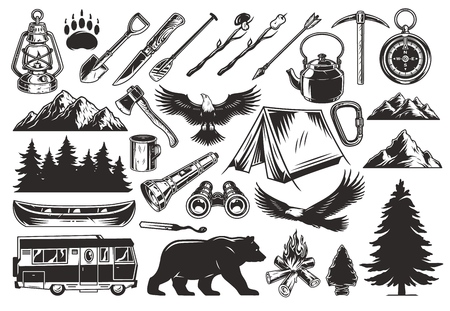 Vintage monochrome camping elements set with animals forest mountains lantern spade arrow paddle pickaxe knife ax flashlight tent kettle compass cup canoe bonfire motorhome vector illustrationのイラスト素材