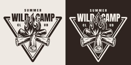 Monochrome camping season emblem with bonfire in vintage style isolated vector illustrationのイラスト素材