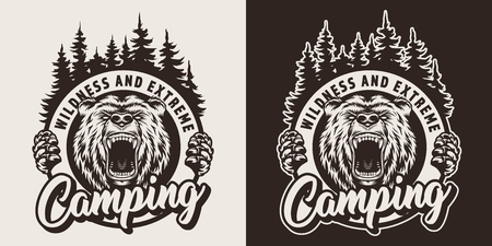 Vintage monochrome camping season logotype with angry bear head and forest silhouette isolated vector illustrationのイラスト素材