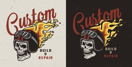Colorful motorcycle repair workshop emblem with skull in fiery helmet in vintage style isolated vector illustrationのイラスト素材