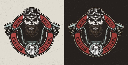 Vintage custom motorcycle colorful print with moto steering wheel and biker skull in helmet and goggles isolated vector illustrationのイラスト素材