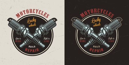 Vintage motorcycle repair shop colorful emblem with crossed motor spark plugs isolated vector illustrationのイラスト素材