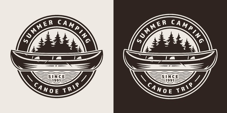 Vintage summer trip round emblem with canoe and forest in monochrome style isolated vector illustrationのイラスト素材