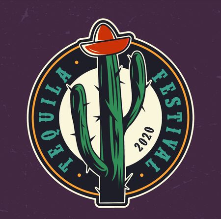 Tequila festival colorful round label with tequila bottle cap in shape of sombrero hat on cactus in vintage style isolated vector illustrationのイラスト素材