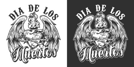 Dia De Los Muertos monochrome label with fiery heart in barbed wire with angel wings in vintage style isolated vector illustrationのイラスト素材