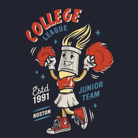 Vintage college colorful print with funny character of cheerleader brush on dark background isolated vector illustrationのイラスト素材
