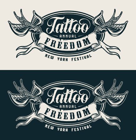 Vintage tattoo festival monochrome label with swallows keep in beaks ribbon with Freedom inscription isolated vector illustrationのイラスト素材