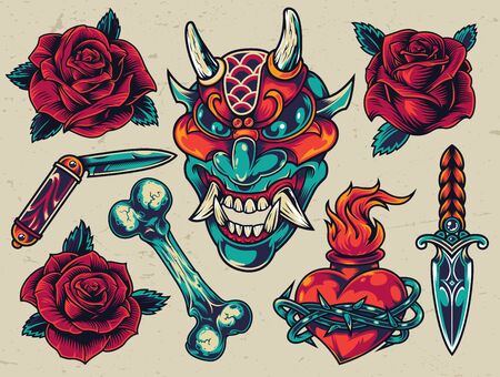 Vintage colorful tattoos set with demon head pocket knife dagger fiery heart in wire bone blooming roses isolated vector illustrationのイラスト素材