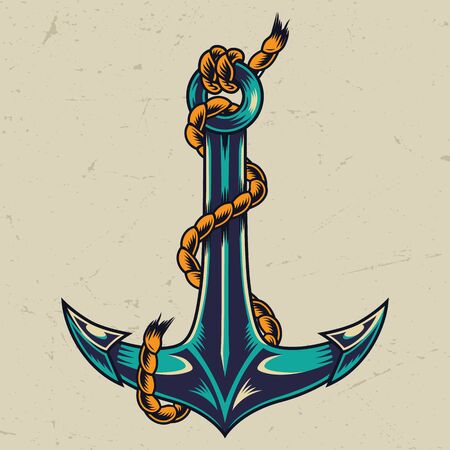 Vintage colorful metal anchor with rope around it isolated vector illustrationのイラスト素材