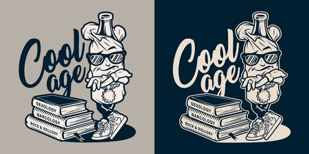 Vintage college monochrome print with stylish bottle in paper bag character and stack of books isolated vector illustrationのイラスト素材