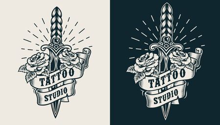 Vintage monochrome tattoo studio emblem with dagger roses and ribbon isolated vector illustrationのイラスト素材