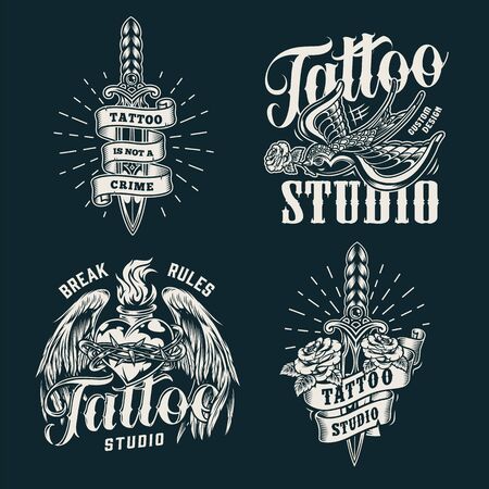 Monochrome tattoo salon prints with swallow keeps rose in its beak daggers fiery heart with angel wings and barbed wire in vintage style isolated vector illustrationのイラスト素材