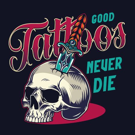 Tattoo salon vintage colorful print with skull pierced with elegant dagger on dark background isolated vector illustrationのイラスト素材