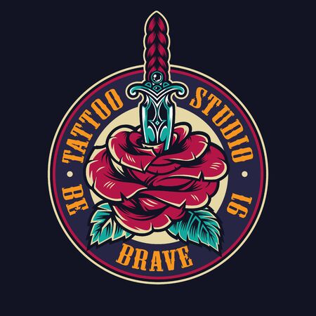 Tattoo studio colorful round logo with blooming rose flower pierced with dagger isolated vector illustrationのイラスト素材