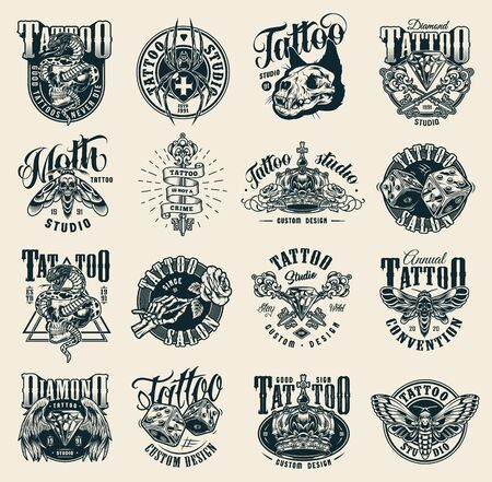 Vintage monochrome tattoo studio labels with scary insects diamond crown cat skull cross spider medieval keys dice skeleton hand holding rose snake entwined with skull isolated vector illustrationのイラスト素材