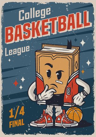 Vintage basketball college league colorful poster with meditative book character vector illustrationのイラスト素材