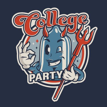 College party colorful label with character of cute condom with devil horns and trident in vintage style isolated vector illustrationのイラスト素材