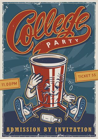 Vintage college party advertising colorful poster with funny drunk paper cup character in sneakers vector illustrationのイラスト素材