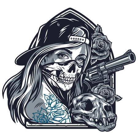 Vintage Chicano Girl With Tattoos In Baseball Cap And Scary Mask Rose Flowers Cat Skull Gun Isolated Vector Illustrationのイラスト 素材 ストックフォト 写真素材のstock Foto ストックドットフォト