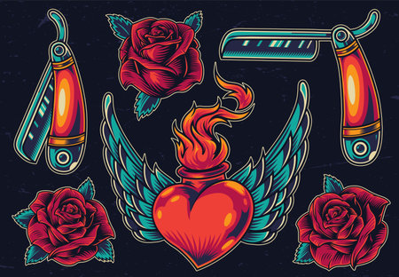 Colorful vintage flash tattoos collection with blooming rose flowers razors winged heart in wire with fire on dark background isolated vector illustrationのイラスト素材