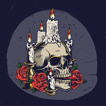 Dia De Los Muertos vintage template with roses burning candles on skull and in candlesticks isolated vector illustrationのイラスト素材