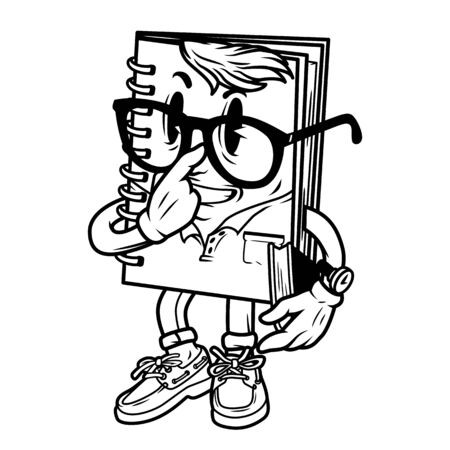 Vintage notepad cute character propping glasses and holding book in monochrome style isolated vector illustrationのイラスト素材