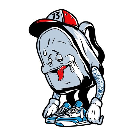 Vintage colorful tired backpack cute character in cap and sneakers with tattooed arms isolated vector illustrationのイラスト素材
